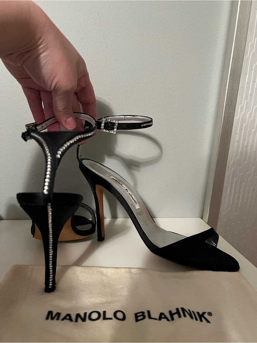 Manolo Blahnik Black Satin & Rhinestone Heels - Size 41 - Picture 2 of 11